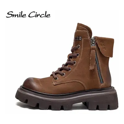 (brown, 36) Natural Leather Chunky Women&apos;s Ankle Boots High Top Lace-up Thick Sole Boots Fa