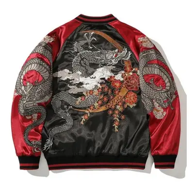 (black, XXL) Embroidered Dragon Hip Hop Jacket Contrast Color High Street Baseball Coat Harajuku