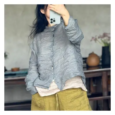 (gray, One Size) Johnature Women Vintage Shirts Tops O-neck Long Sleeve Blouses Summer Button Ch