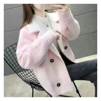 (pink, XL) Cashmere Knitted Cardigan Coat Small Double Breasted Plaid Short Coat New Height And 