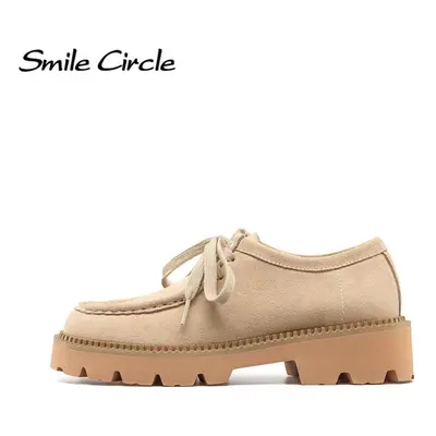 (beige, 37) Cow Suede Chunky Women Shoes Round Toe Lace Up Thick Shoes Fashion Casual Women Flat