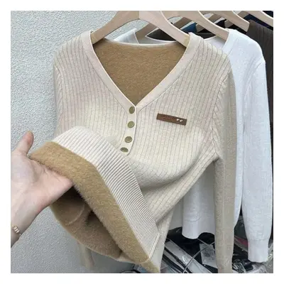 (beige, M) Plush Thickened Sweater Knit Bottom Blouse For Women With A Slim V-neck Top In Autumn