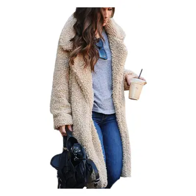 (Light Apricot, L) Women Jackets Teddy Bear Long Coat Faux Fur Overcoat