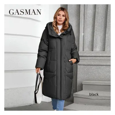 (black, L) Gasman Winter Down Jacket Women Long Classic Zipper Design Pocket Stand Collar Hooded