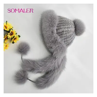 (grey) Somaler Knit Real Mink Fur Hats For Winter Women Weave Fur Cap With Fox Fur Pompom Fox Fu