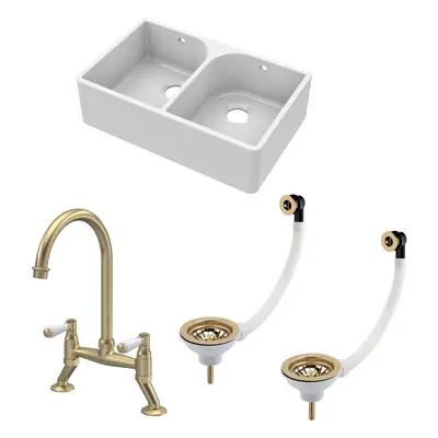 Fireclay Kitchen Bundle - Double Bowl Full Weir Butler Sink, Wastes & Bridge Lever Tap, 795mm - 