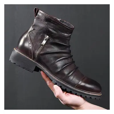 (coffee, 39) Winter Men Leather Boots Zipper Casual Ankle Boot Breathable Men Motorcycle Boots S