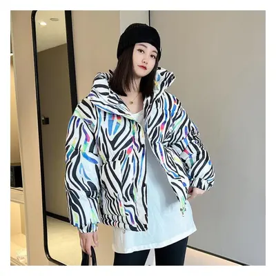 (as the picture, XL) Winter Loose Hooded Cotton Jacket With Flower Pattern For Women