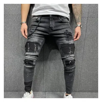 (black, 2XL) Men&apos;s Ripped Printed Jeans Patch Stretch Small Leg Jeans New