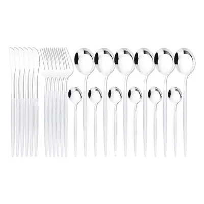 (white,silver) 24pcs Mint Gold Dinnerware Set Knife Fork Coffee Spoon Cutlery Western Stainless 