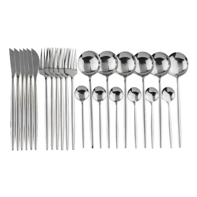 (silver) 24pcs Black Gold Dinnerware Set Stainless Steel Cutlery Set Kitchen Fork Knife Spoon Ta