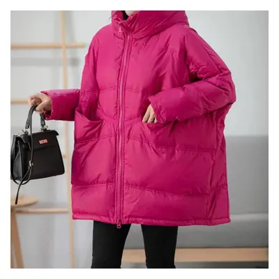 (dark pink, S) Down Jacket Women&apos;s Long Hooded Oversized Loose Korean Version Thick White D