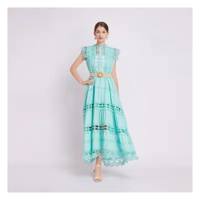 (green, L) Summer French Vintage Long Maxi Holiday Dress Hollow Out Embroidery Lace High Quality