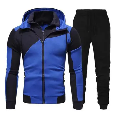 (blue, 3XL) Men Autumn Winter Hoodie Pants Suit Fashion Hooded Splicing Zipper Coat With Elastic