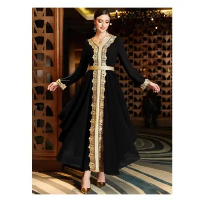 (black, XXL) New V-neck Double-layer Chiffon Irregular Dress Stitching Lace Middle East Saudi Ar