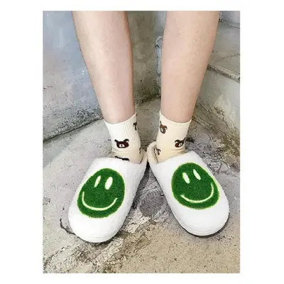 (white,green, 36-37) Cute Smile Face Slippers, Retro Soft Plush Furry Fluffy Indoor Outdoor Shoe