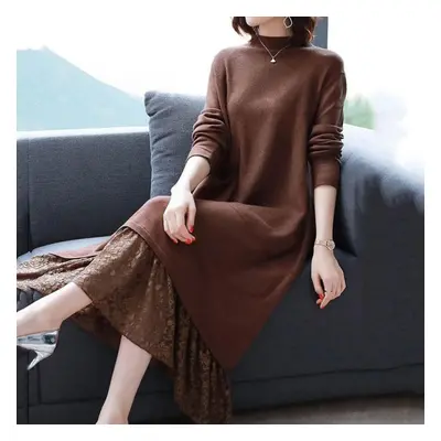 (brown, XXL) Dress Women&apos;s Autumn And Winter Lace Comfortable Stretchy Mid-length Sweater D