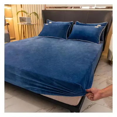 (blue, Bed sheet (180x200x25cm)) High-quality Soft Velvet Fitted Sheet With Elastic Bands Non Sl