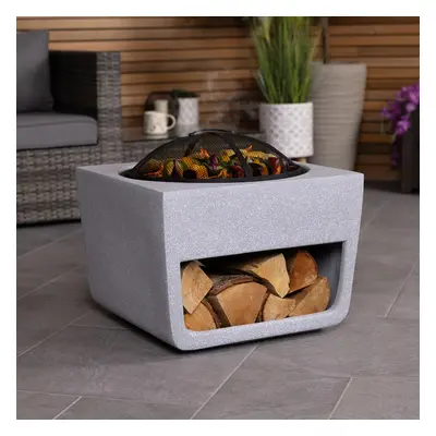 CHARLES BENTLEY Outdoor, Garden, Patio, 50cm Square Magnesia Fire Pit With Mesh Cover, Cooking G