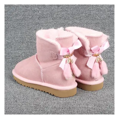 (37, Pink) Winter Women Short Ankle Leather Snow Boots Lady Girls Warm Plush Soft