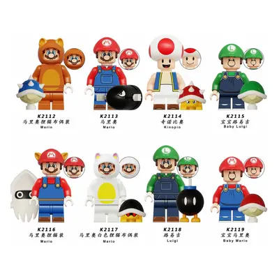 (Style C 8pcs) Super Mario Luigi Peach Princess Mushroom Mini Figures Building Blocks Characters