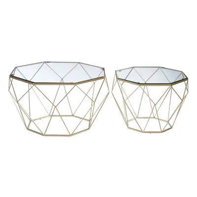 Geometric Set Of Clear Glass Tables, Iron Frame Side Table By Couch, Champagne Finish Lounge Tab