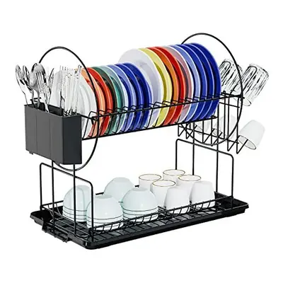 2 Tier Black Dish Drainer Rack with Drip Tray, Stainless Steel Draining Dish Rack drainer with D