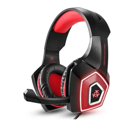 (Black Red) Game Headset 3.5mm+USB Wired Bass Stereo RGB Gaming Headphone with Mic for Computer 