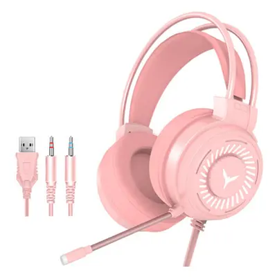 (Pink, 3.5mm+USB) Gaming Headset 7.1 Channel 50MM Speaker Unit Colorful Circular Breathing Light