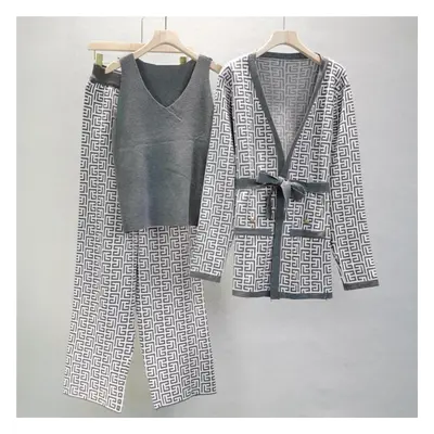 (gray, One Size) Spring And Autumn Women&apos;s Knit Sets Fashion Casual Sets Shawl Jacket V-nec