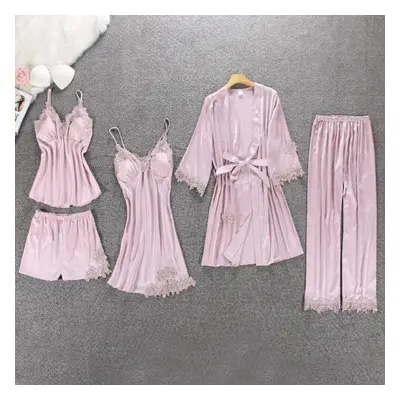 (pink, XL) Lisacmvpnel Pcs With Pad Sexy Lace Pajama Set Nightgown+cardigan+pant Set Lace Pijama