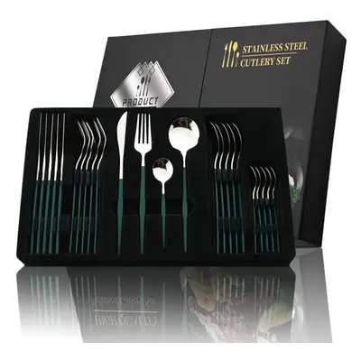 (green,silver, 24pcs + box) 24pcs Black Handle Golden Cutlery Set Stainless Steel Knife Fork Spo