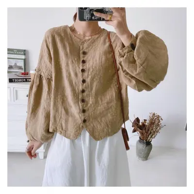 (coffee, One Size) Johnature Autumn Embroidery Linen Vintage Loose Women Jackets Lantern Sleeve 