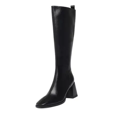 (black, 39) Meotina Women Genuine Leather Knee High Long Boots Square Toe Chunky High Heels Zipp