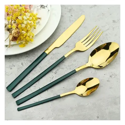 (green,gold) 24pcs Black Gold Cutlery Set Stainless Steel Dinnerware Knives Fork Spoon Dinner Ta