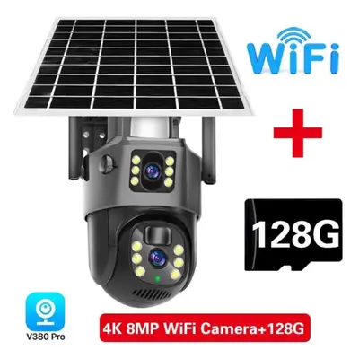 (WiFi Add 128G) 4k 8mp Wifi Solar Battery Camera 4g Sim Card Dual Lens Dual Screen Outdoor Secur