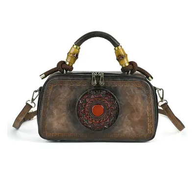 (coffee) Johnature Handmade Embossed Retro Totem Women Bag Versatile Chinese Style Leather Handb