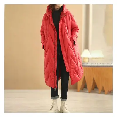 (red, M) Women Loose Long Coat White Duck Down Jacket Winter Overcoat Hooded Puffer Parkas