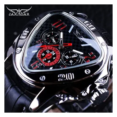 (black) Jaragar Sport Racing Design Geometric Triangle Pilot Genuine Leather Men Mechanical Watc