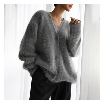 (dark gray, L) Women Autumn Winter Causal Solid V Neck Long Sleeve Knit Sweater