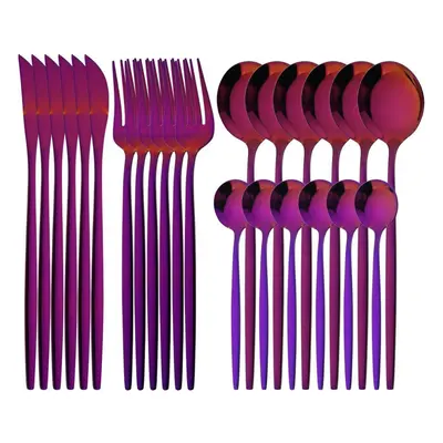 (purple, 24PCS) Luxury 24pcs Rose Gold Dinnerware Set Knife Fork Spoon Cutlery Set With Gift Box