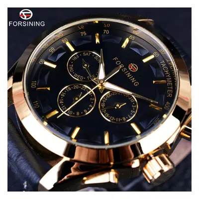 (black,gold) Forsining Retro Fashion Designer Three Dial Decoration Genuine Leather Golden Men L