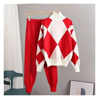 (red, L) Women Sets Sweater Thick Knitted Sets Pullovers +long Pant Casual Track 2pcs Suits