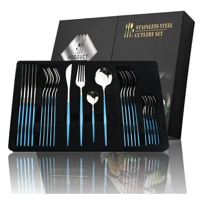 (blue,silver, 24pcs + box) 24pcs Black Handle Golden Cutlery Set Stainless Steel Knife Fork Spoo