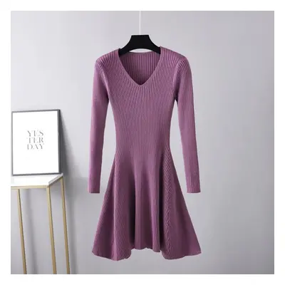 (purple, OneSize) Women Autumn Winter V Neck Solid Color Long Sleeve Slim A Line Chic Knit Sweat