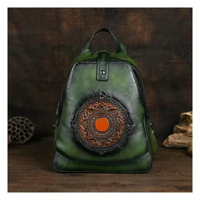 (green) Johnature Vintage Totem Embossed Backpack Versatile Women Leather Bag Solid Color Large 