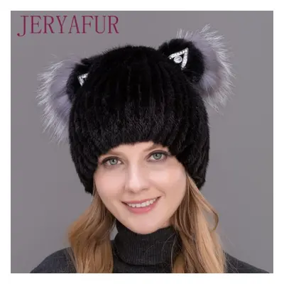 (black) Jeryafur Real Mink Fur Pompom Hat Female Fashion Fox Fur Winter Hats For Women Thick War