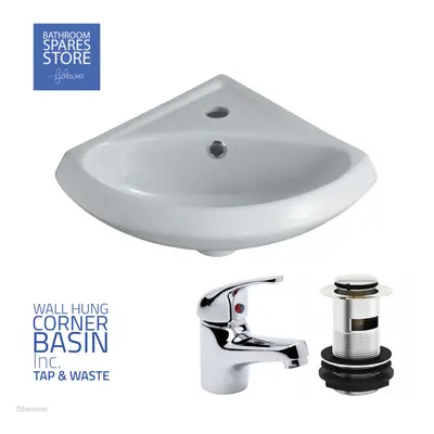 Small Corner Wash Basin Bathroom Ceramic Compact Sink Inc Tap & Waste