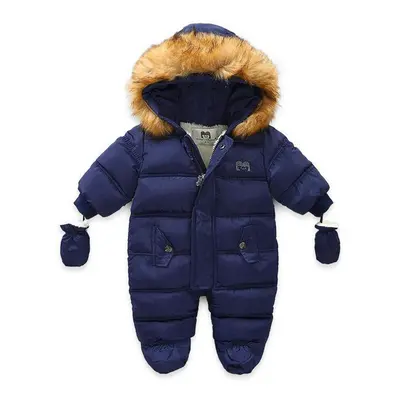 (navy blue, 60CM) Thick Warm Infant Baby Jumpsuit Hooded Inside Fleece Boy Girl Winter Autumn Ov