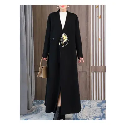 (black, XXXL) Autumn/winter Chinese Style Women Long Woolen Coat High Street Black Red V-neck Ca